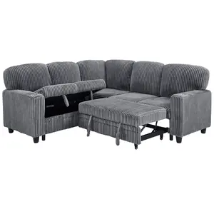 Modern L-Shaped Sectional Sofa Bed with Pull-Out Sleeper & Storage, 5-Seat Convertible Couch with USB Charging Ports, Corduroy Fabric Sofa for Living Room, Apartment, Olive Green, Space-Saving Modular Design