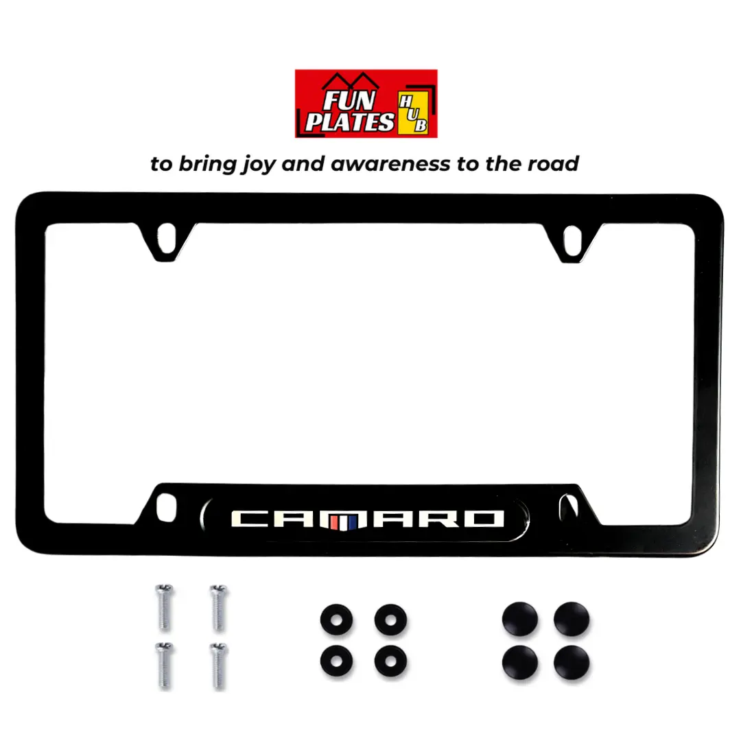 CAMARO License Plate Frame with Fast Shipping and Fun Design for Joy and Awareness with Screws and Caps