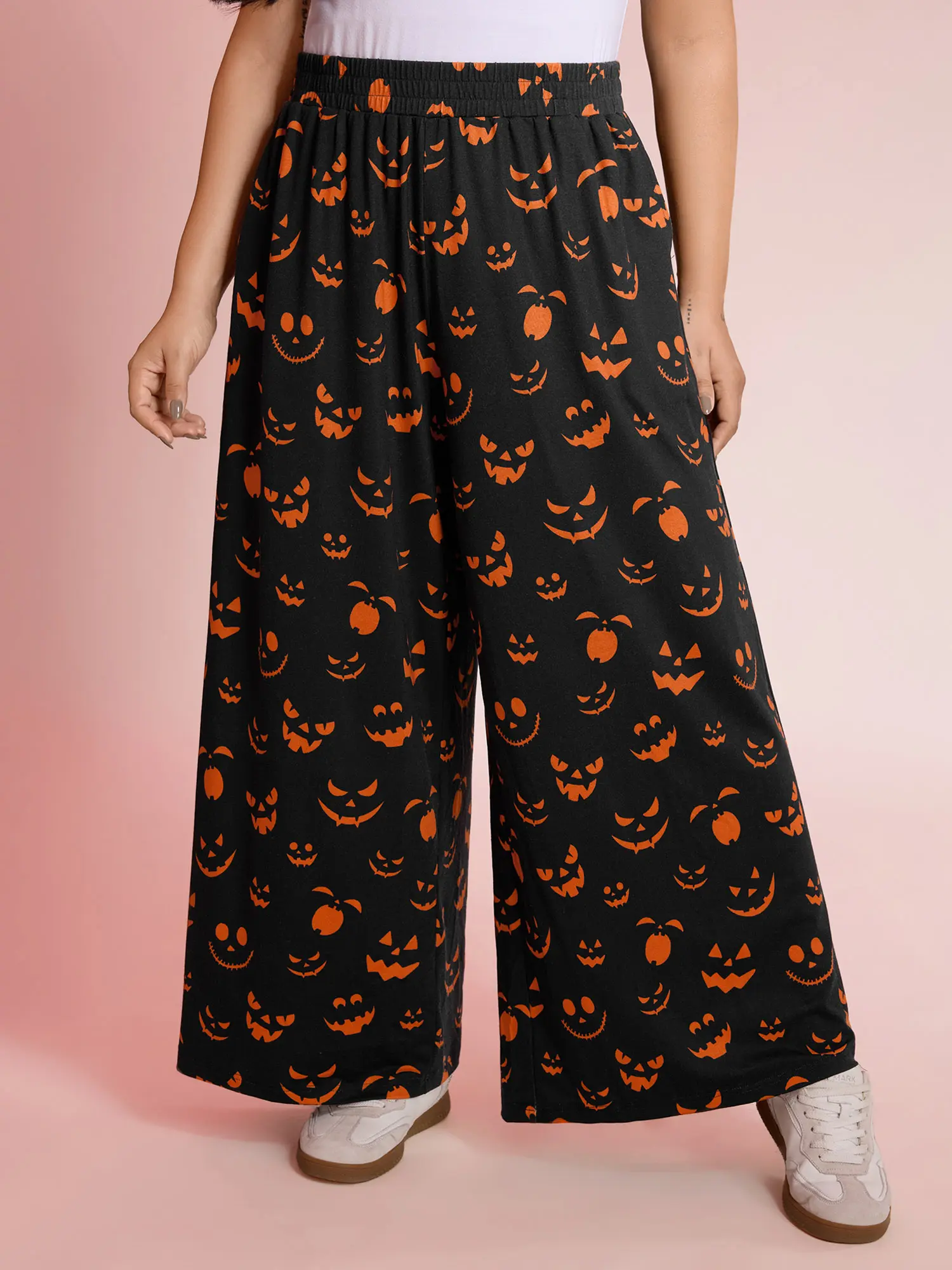 BLOOMCHIC Carved Pumpkin Halloween Wide-Leg Pants - Black Loose-Fitting Cartoon Print All Seasons Mid Rise Full Length Slanted Pocket Non-Belt Closure