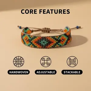 24H FLASH SALE Handmade Boho Wide Beaded Bracelet | Ethnic Tribal Native American Design | 1.8cm Wide Adjustable Wax Cord Bracelet for Women