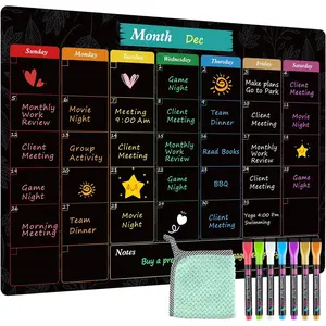 Monthly Black  Calendar for Refrigerator, 16" X 12" Fridge Chalkboard,  Dry Erase Calendar White Board Planning Board for Fridge with 7 Fine Point Markers,1 Cloth Planner Organizer