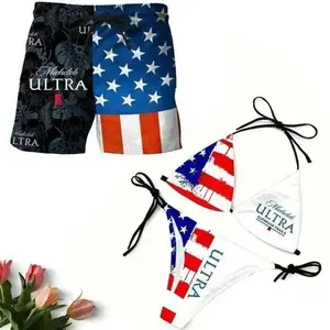 Matching Michelob Ultra 2 Swimwear Set for Couples – Swim Bra & Tie Side Thong Bikini + Men's Beach Shorts, Summer Vacation