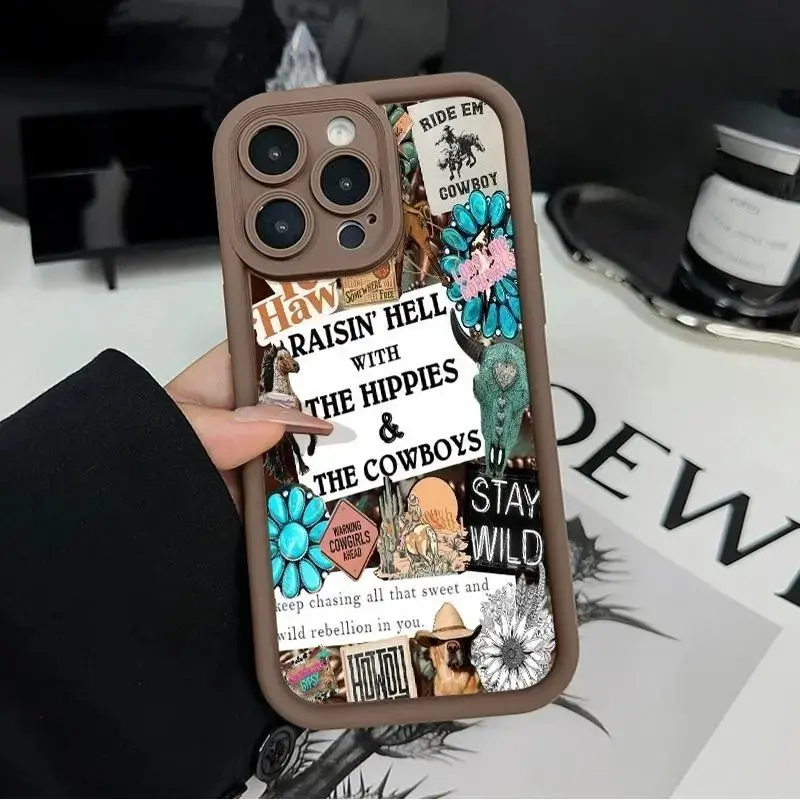 Silicone Cellphone Case - Shockproof Protection Accessory for iPhone 11/12/13/14/15/16/17 Pro, ProMax, Plus, Pocket-Friendly Soft Cover with Cowboy & Hippie Collage Design for Mobile Devices