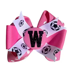 Hot Pink & Black Glitter Soccer Initial Hair Bow for Girls on Clip or Ponytail Holder, Choose Colors Custom Handcrafted