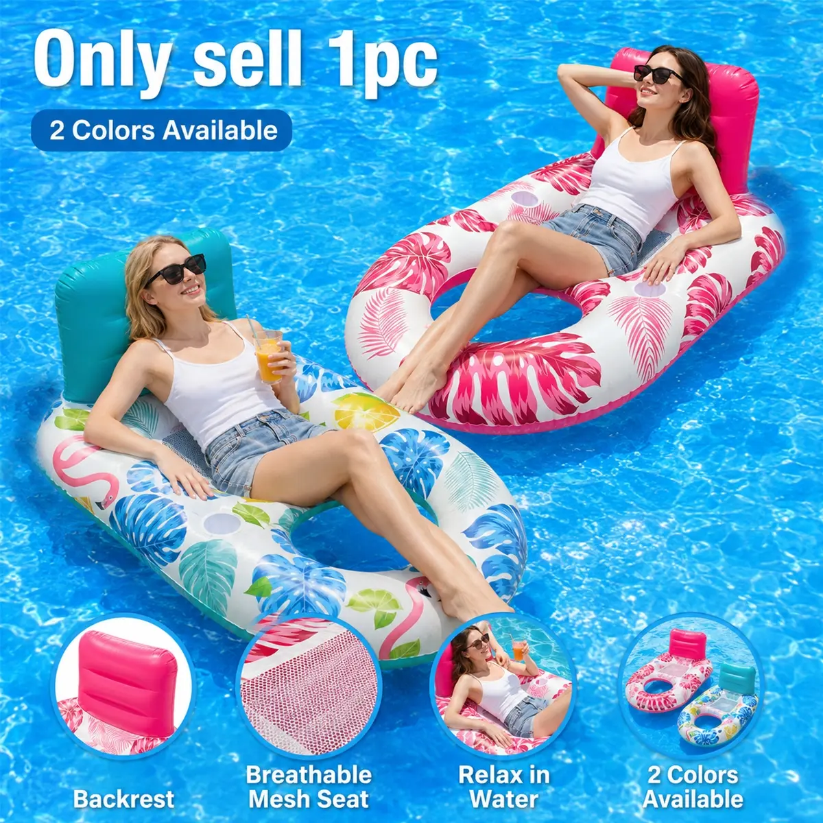 Large Inflatable Pool Lounger for Adults with Cup Holders, Double-Hole Mesh Tub Raft, Oversized Floating Lounge Chair, Heavy Duty Pool Float with Breathable Mesh Seat, Pool Inflatables, for Swimming Pool, Lake and Beach