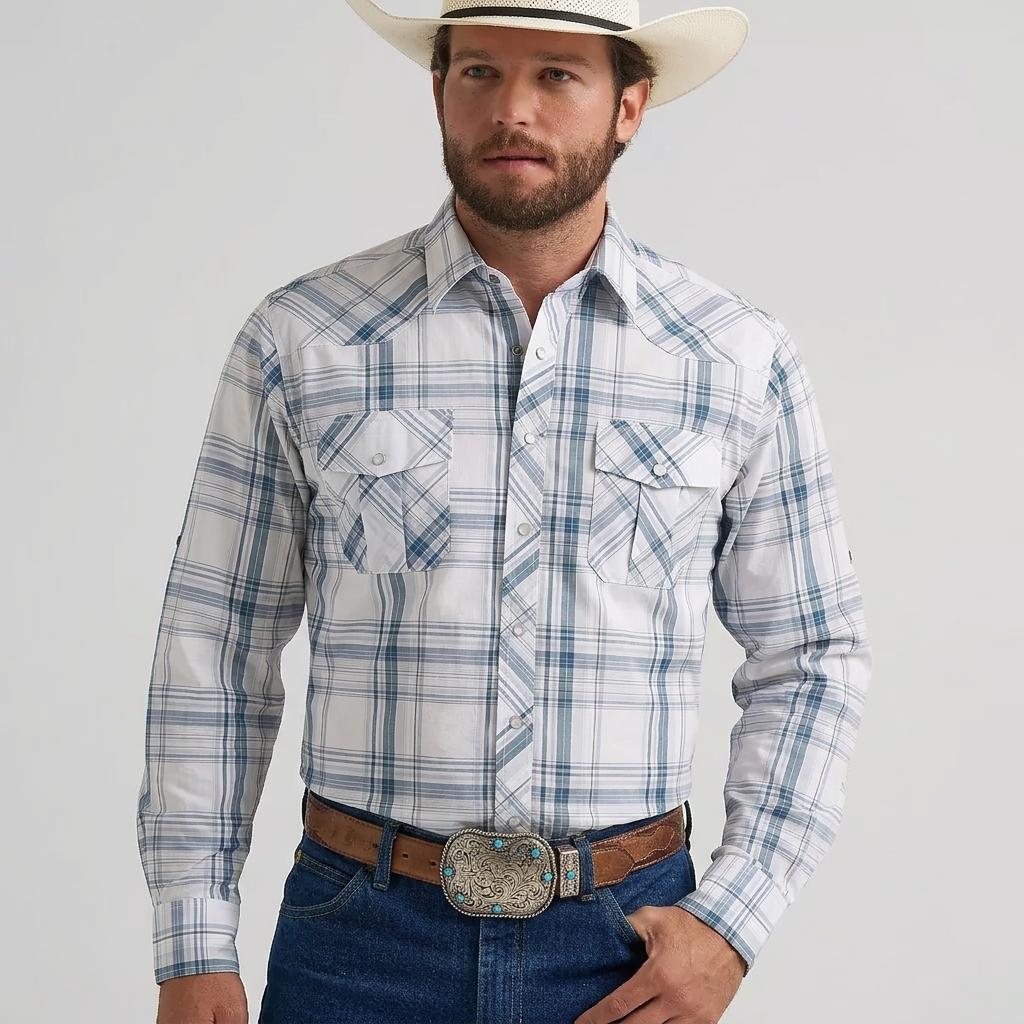 Summer Vibes Men's Western Pearl Snap Plaid Cowboy long sleeve shirt Lightweight Breathable Classic Fit Ranch Rodeo Country Concert Outfit,back to school,clothes for back to school,first day of school outfits