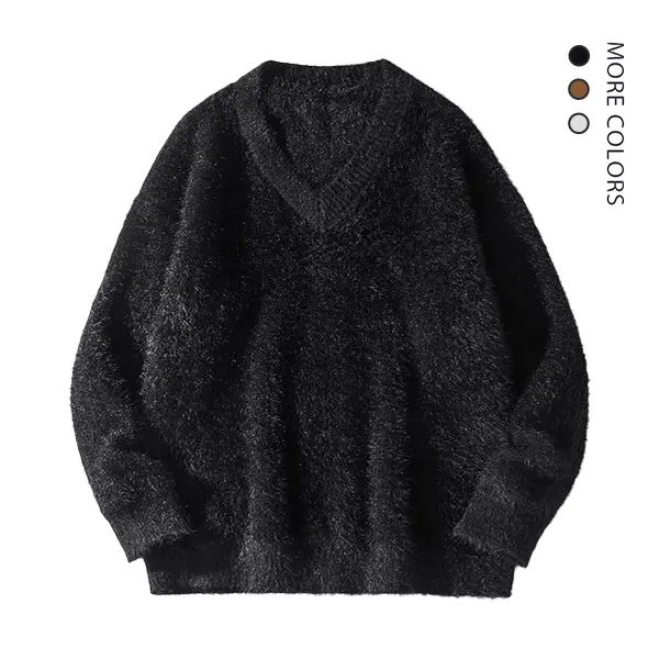 Men's Vintage Soft Fuzzy V-Neck Long-Sleeve Polyester Knit Sweater - Simple, Classic, Stylish, Fitted, Multi-Color (Black/Brown/White) Autumn Winter Casual Menswear Staple, Tops, Fashion, Full Sleeves, Retro