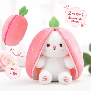 Strawberry Bunny Plush Pillow, Reversible Rabbit Cuddle Cushion with Zipper, Soft Kawaii Room Decor Gift for Kids, Teens & Adults
