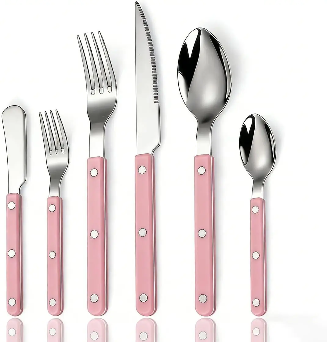 Pink-Color Handle Silverware Set - 6-Piece Stainless Steel Flatware with Steak Knife, Fork, Spoon, Teaspoon, Dessert Fork and Butter Knife - Elegant Tableware Cutlery for Dining (Pink)
