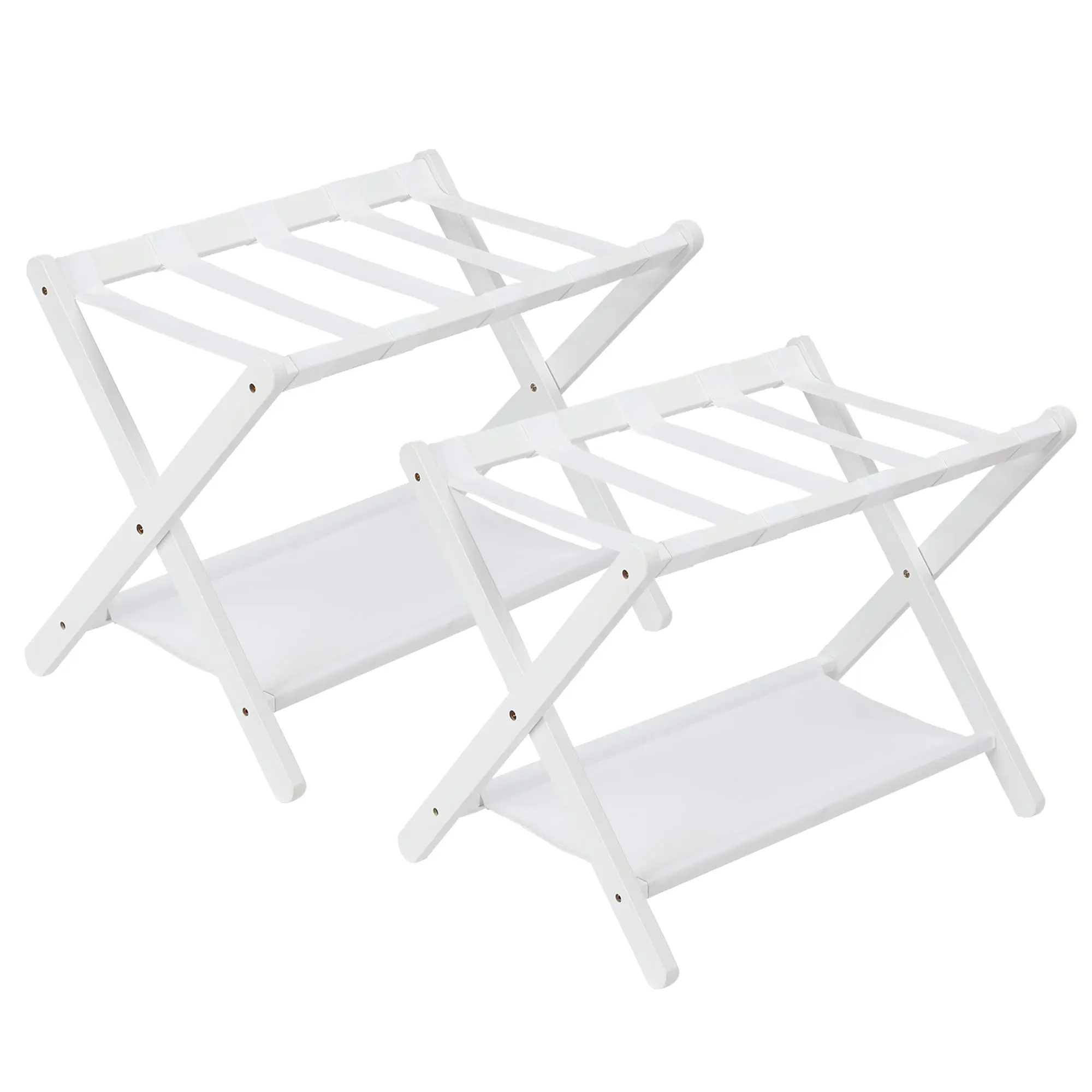 Garvee Premium Bamboo Folding Luggage Rack with Durable Nylon Straps and Storage Shelf, Supports up to 110 lbs, Collapsible Suitcase Stand for Bedrooms, Guest Rooms, Hotels, Set of 2 in White, Brown, and Black