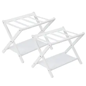Garvee Premium Bamboo Folding Luggage Rack with Durable Nylon Straps and Storage Shelf, Supports up to 110 lbs, Collapsible Suitcase Stand for Bedrooms, Guest Rooms, Hotels, Set of 2 in White, Brown, and Black