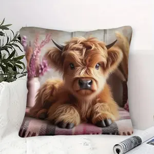 Fluffy Highland Cow Throw Pillow with Digital Print, 45cm Square Decorative Pillow featuring Brown Calf and Black Horns, Contains Pillow Core,Soft and Cozy Cushion for Sofa and Chair, Perfect Charm for Farmhouse Decor, Ideal Gift for Animal Lovers