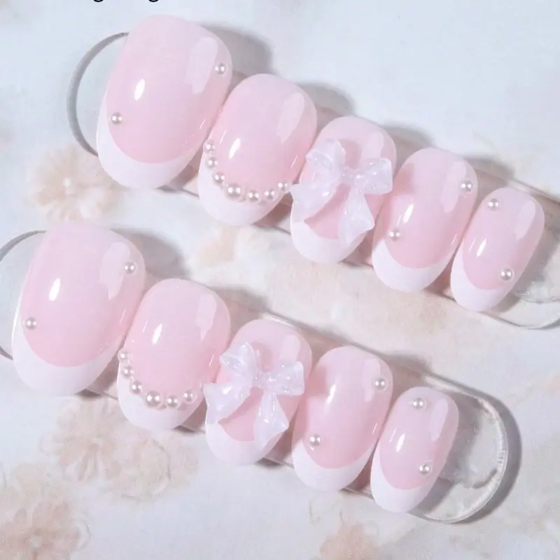 24pcs Short Oval Press On Nails, Glossy Red French Manicure with Bow Rhinestone Accents, Full Cover Nail Kit with Strong Glue Gel & File for Women, Strong Glue Press On False Nails