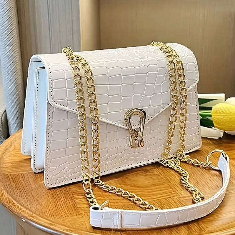 Pink Snake Print Crossbody BagFor Women, Stylish Women's Crocodile Pattern Handbag - Black Shoulder Bag With Detachable Strap Golden-Tone Hardware & Chain Strap, Crossbody Bag Purse Christmas Bags For Gifts Christmas Gift Bags