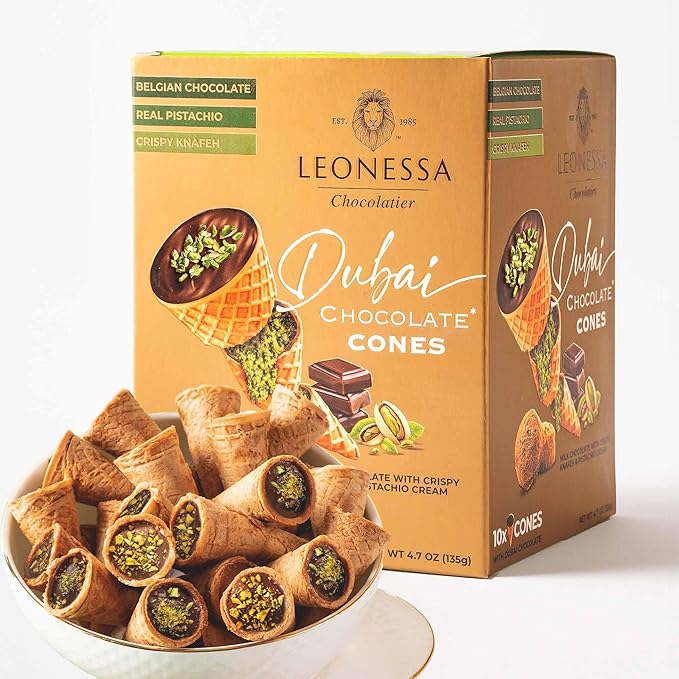 Leonessa Dubai Chocolate Cones with Pistachio Kunafa | Made with Premium Belgian Chocolates | Kunafa Chocolate | Chocolates de Dubai - 4.7 oz (Pack of 2)