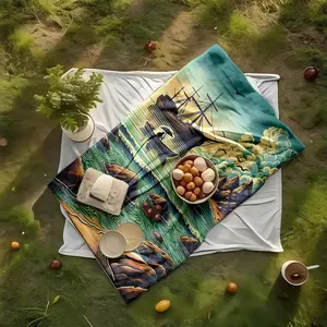 1 piece The tranquil scene of a small boat by the sea and a distant sailing ship. themed flannel blanket - Modern design flannel sofa blanket, suitable for beds and sofas, all-season multi-purpose use, super soft and warm, digitally printed