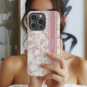 Pink Toile Personalized Phone Case, Custom Name Phone Cover, Personalized Coquette Phone case, Custom Color Phone Case