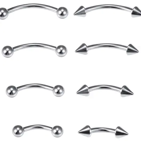 Basic Plain 8PCS Nickel-Free Surgical Steel Curved Barbell Eyebrow Ring Set - 16G/20G, 6mm/8mm/10mm/12mm Sizes, Curved Barbell Design, Round Balls, Includes Side Labret, Ear Rook, Navel Studs for Everyday Wear