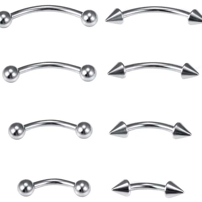 Basic Plain 8PCS Nickel-Free Surgical Steel Curved Barbell Eyebrow Ring Set - 16G/20G, 6mm/8mm/10mm/12mm Sizes, Curved Barbell Design, Round Balls, Includes Side Labret, Ear Rook, Navel Studs for Everyday Wear