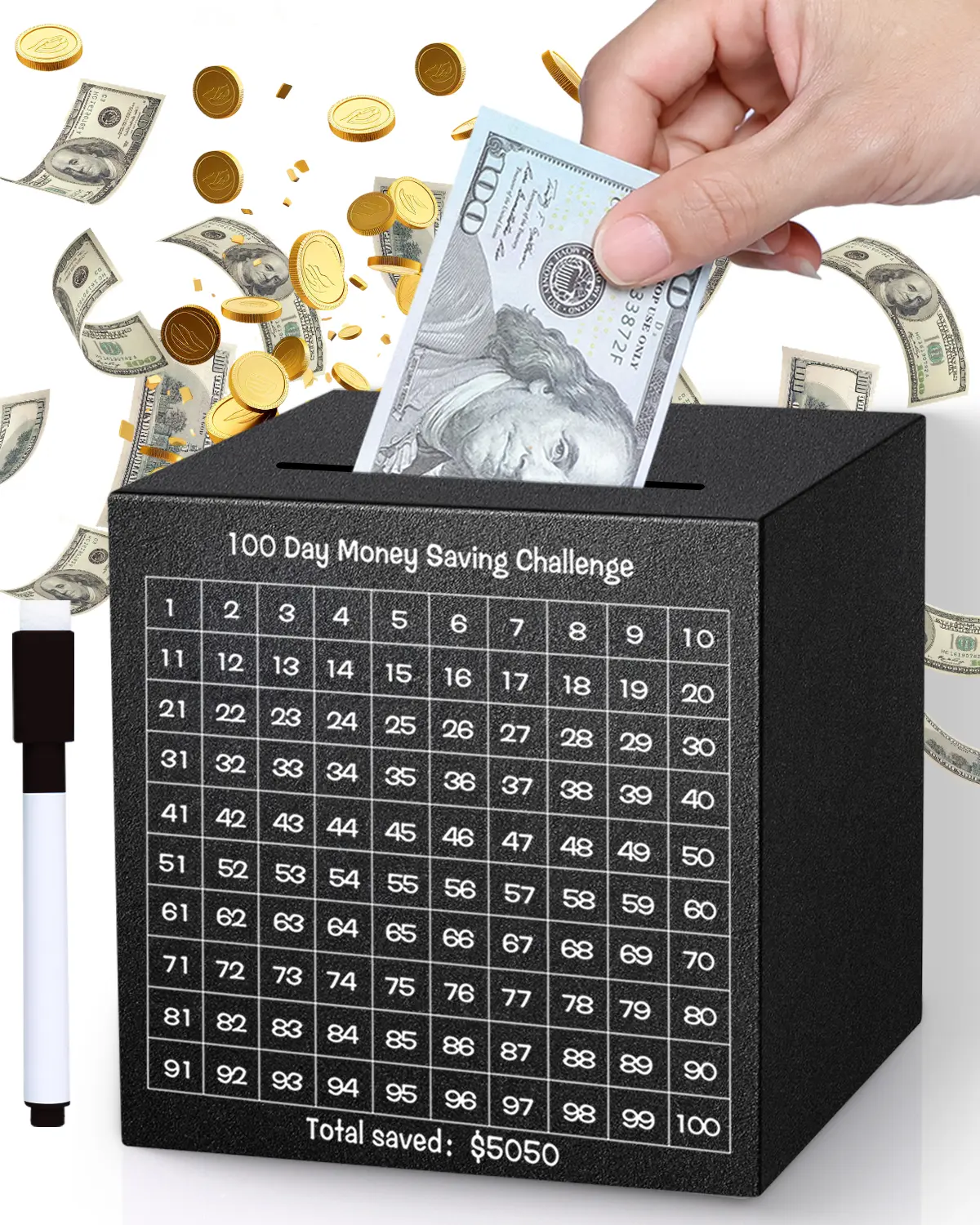 Money Saving Box, Unbreakable Piggy Bank for Adults Save $5,050 Metal Savings Box, 100 Day Money Saving Challenge Stainless Steel Box Must Break to Open 4.72 Inch