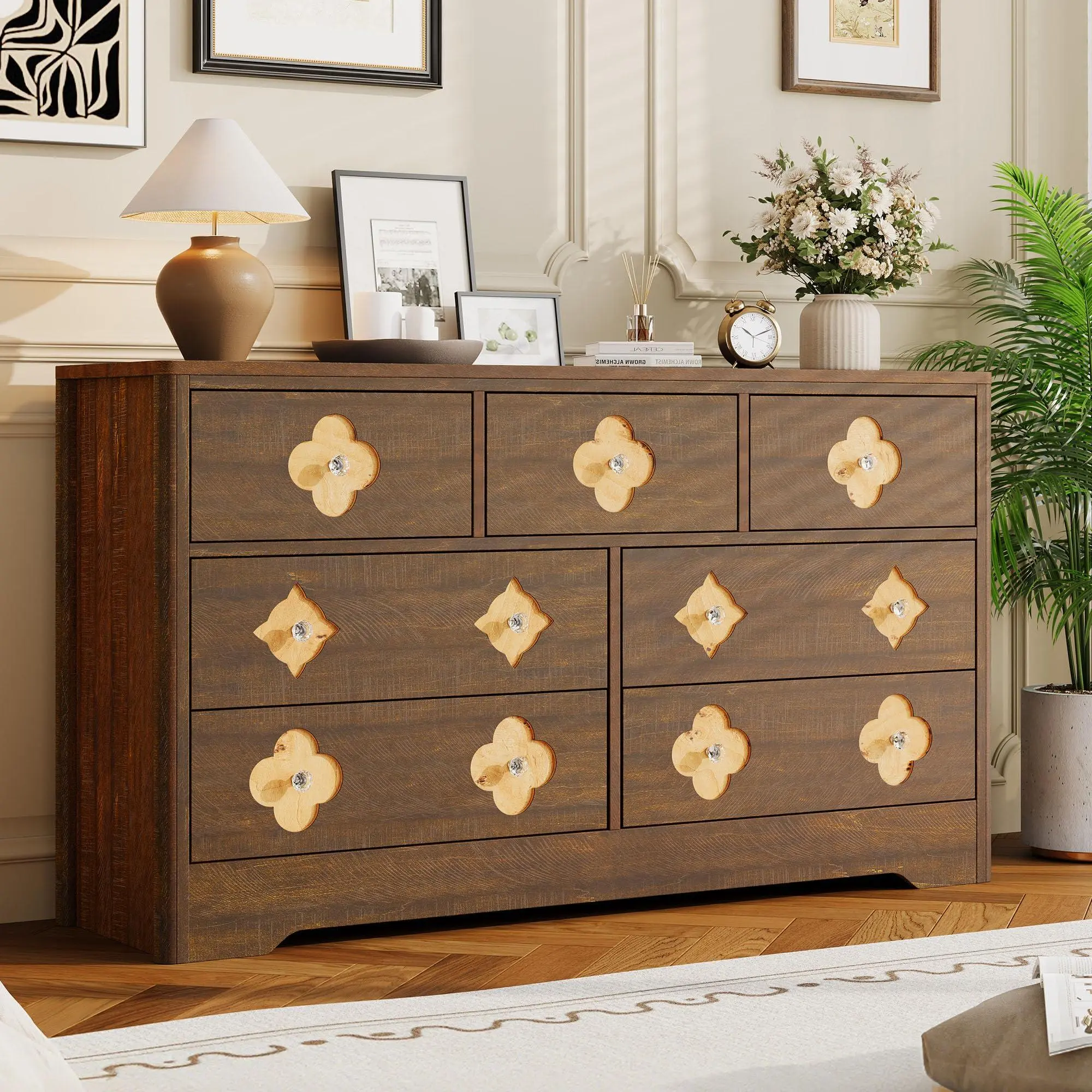 Brown Engineered Wood Dresser with Wrapped Panels, 7 Crystal Knob Pull-Out Drawers, 15.7''D x 54''W x 31.1''H Scratch-Resistant Large Storage Cabinet, 80 lb Load Capacity, Durable Assembly-Required Bedroom Indoor Furniture
