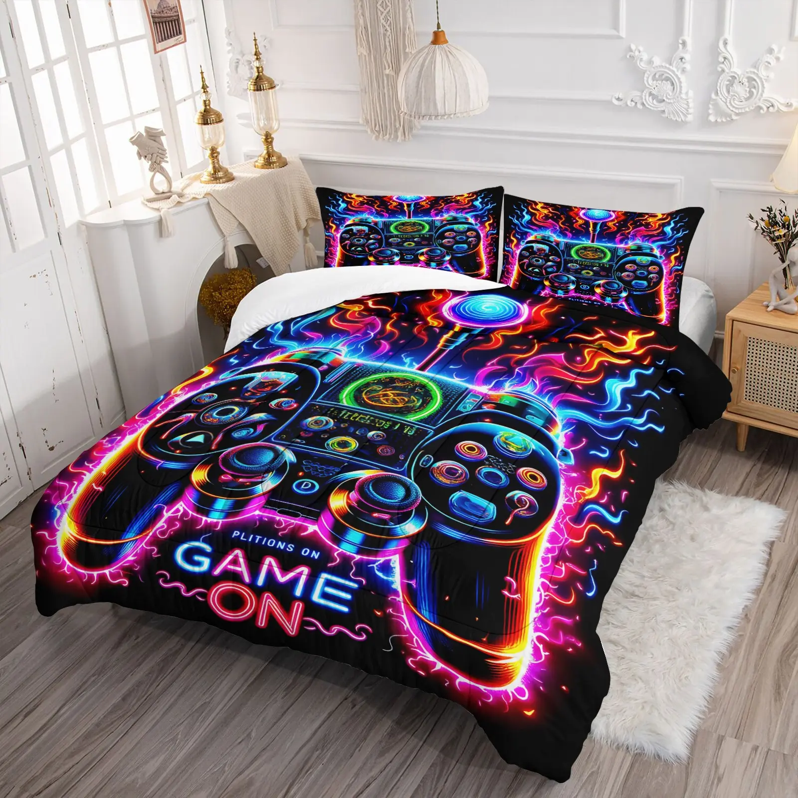 2/3 Piece E-Sports Game Themed Bedding Set, Comfy Bedding Sets, Colorful Game Controller Pattern Comforter Set, Soft and Comfortable, Skin Friendly, Including 1 Quilt and 1/2 Pillowcase (9 Styles Available)
