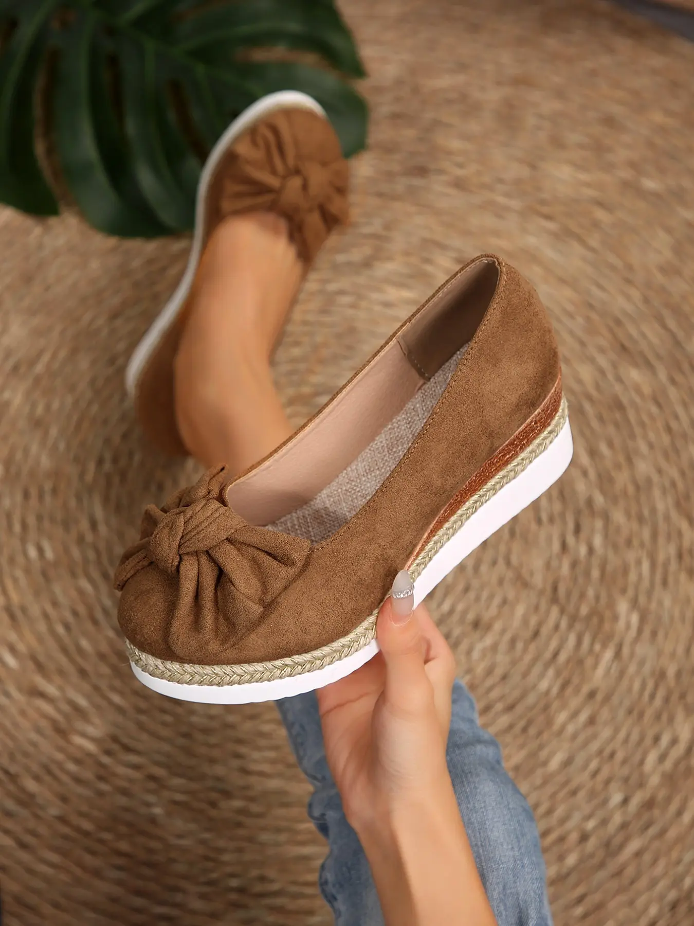 Multicolor Bow Heeled Shoes for Women, Straw Rope Thick Sole Rubber Platform Shoes, Spring Autumn Casual Slip-On Lazy Shoes, Walking Shoes, Slip On Footwear, Casual Fall Shoes