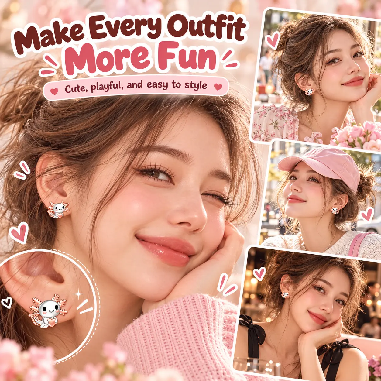 Cute Axolotl Earrings for Women, Kawaii Animal Stud Earrings, Unique Cartoon Jewelry, Fun Gift for Girls, Adorable Birthday Gift Accessories
