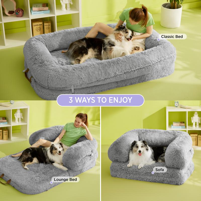 Lesure Luxury Warm Foldable 3-in-1 Flexible Giant Human Dog Bed Cozy Fluffy Faux Fur Lounge Sofa with Supportive Bolster Egg Foam Soft Plush Calming Orthopedic Bed for Winter Comfort Classic Lounge Sofa Options TikTokShopBlackFriday Choice
