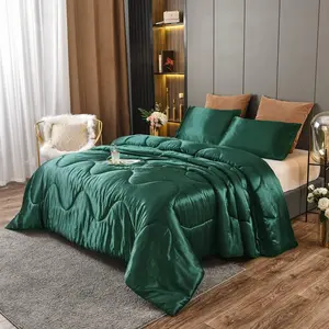 Silky Satin Comforter Set  Dark Green, Soft Lightweight Microfiber Luxury Sexy Quilted Bedding Sets with 2 Matching Pillow Covers for Summer Spring Autumn