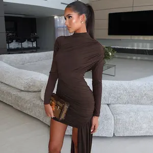 Long Sleeve Asymmetric Ruched Bodycon Mini Dress 2025 Fall Sexy High-Low Party Night Club Dating Dress with Trendy Y2K Fashion Beach Vacation Outfits Solid Color Dresses