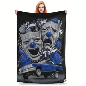 Smile Now, Cry Later Clown Mask & Car Print Flannel Throw Blanket - Soft, Warm, And Cozy Polyester Blend, Perfect For Women & Girls, All-Season Home Decor, Seasonal Decoration