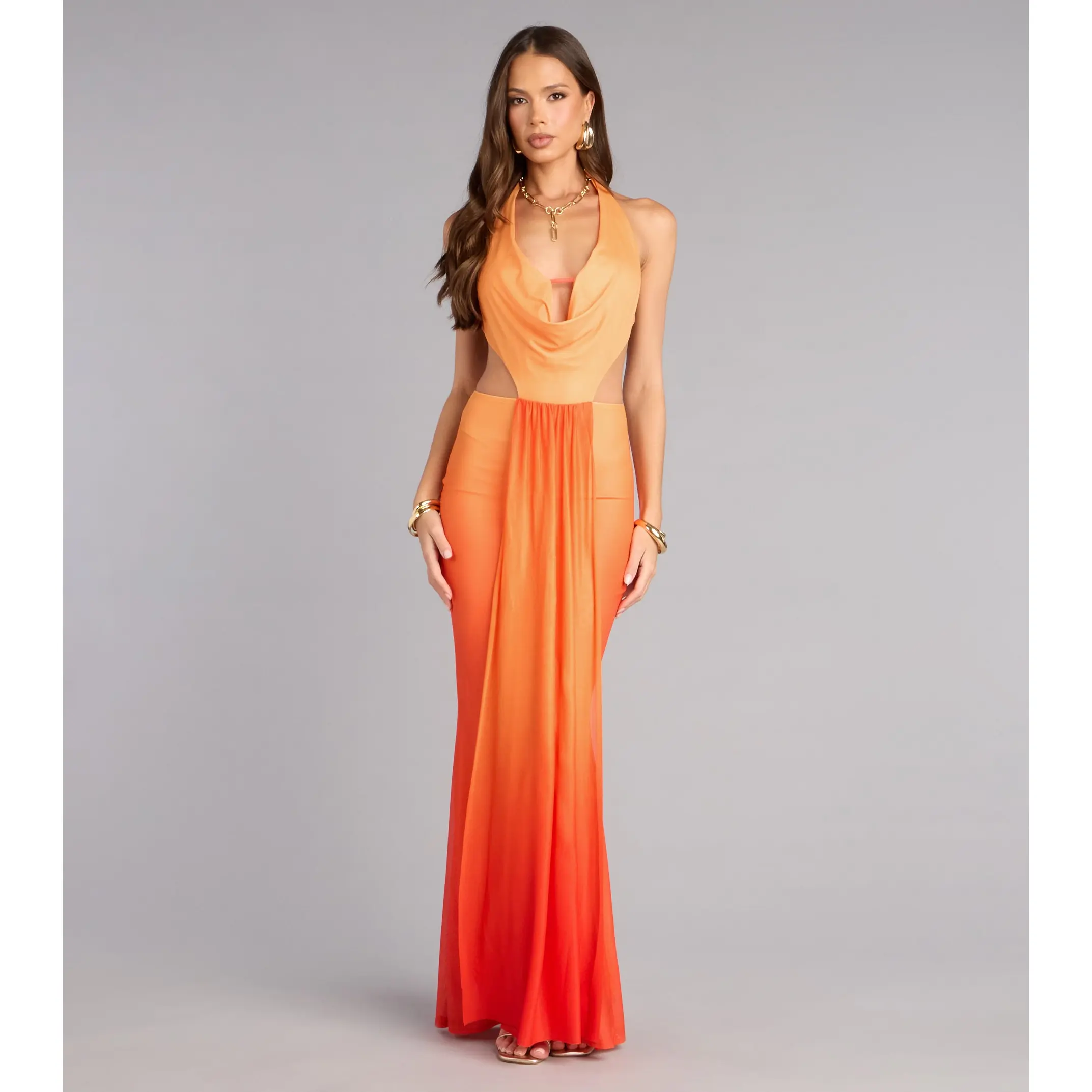 Sunset Muse Ombre Mesh Cutout Maxi Dress