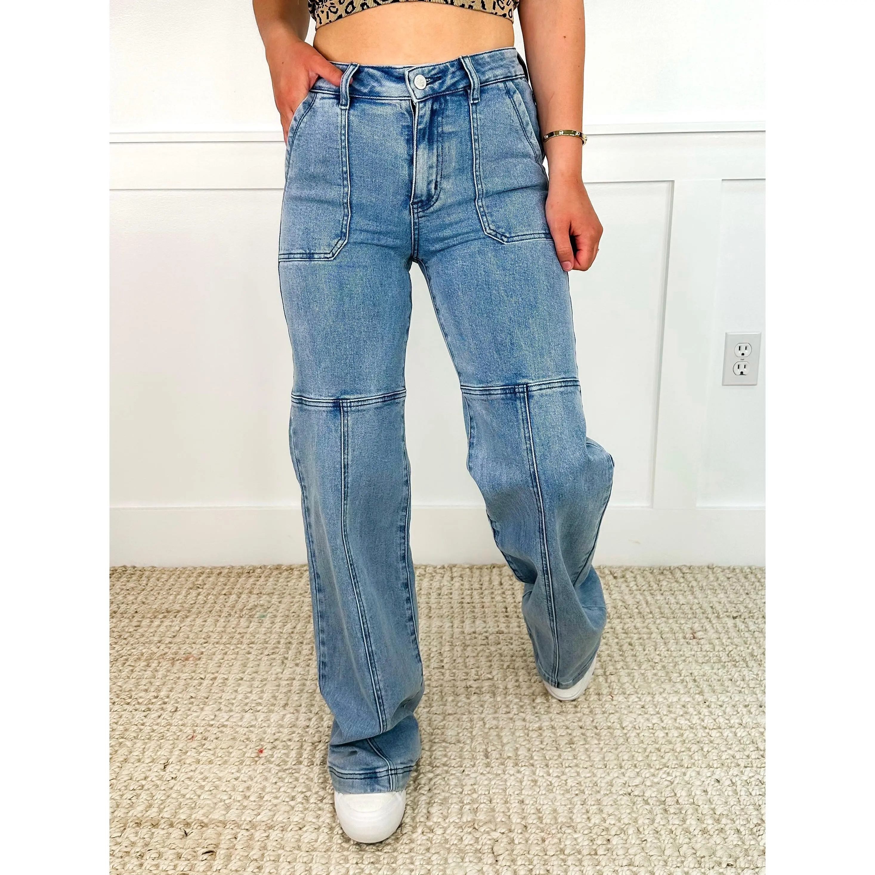 Women's Avery Mae High-Rise Stretchy Cotton-Spandex Denim Trouser - Wide Leg, Medium Wash, Pockets, Stylish Design, On-Trend Style