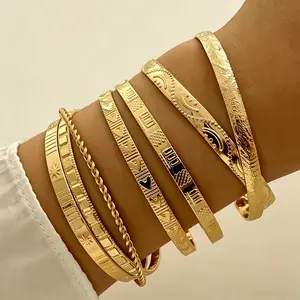 7Pcs Gold Bangle  for Women, 14k Gold Plated Multi Layer Stackable Cuff  Set, Trendy Elegance Charms Non Tarnish Minimalist Textured Boho Jewelry Gift for Women fashion