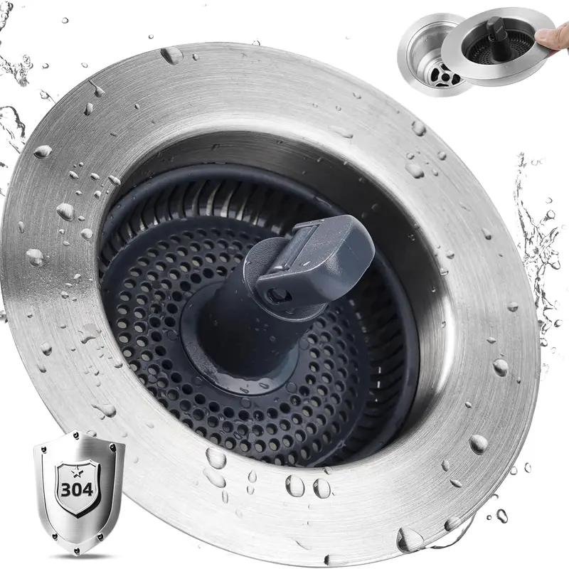 Upgraded Stainless Steel Kitchen Sink Drain Strainer Stopper Kits, 3-in-1 Pop Up Sink Stopper, Clog-Free Basket Sink Strainer, Food Catcher for Standard 3-1/2 Inch Kitchen Sinks