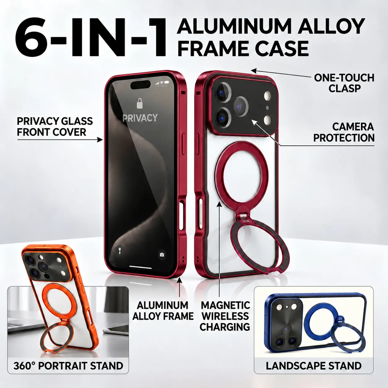 6-in-1 Aluminum Alloy Frame Phone Case with 360° Rotatable Kickstand - Phone Accessories for iPhone 16、17、18 Pro Max, Built-in Privacy Screen, Full Body Drop & Explosion Resistant, MagSafe Charging, 1-Click Snap Install, for Travel Gaming Movies Sports