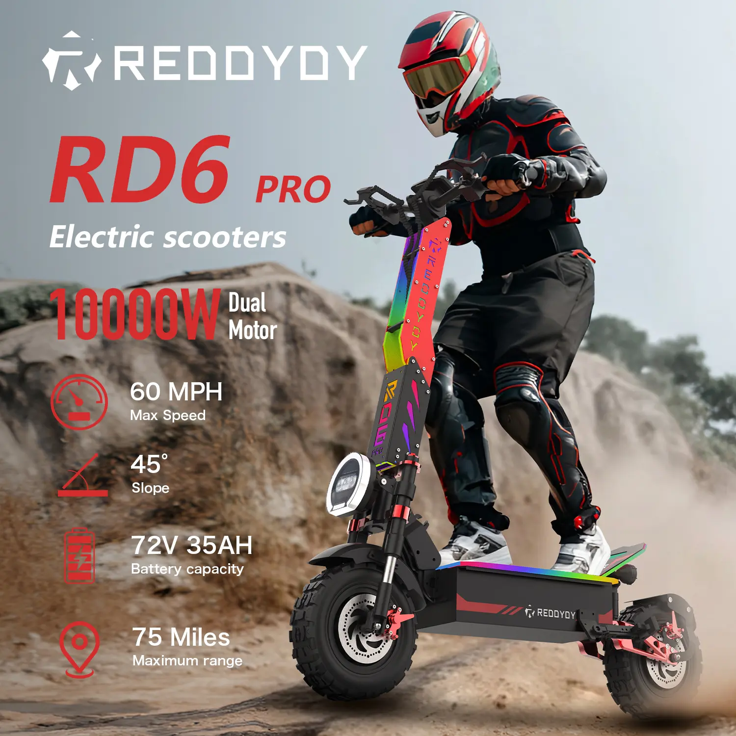 RD6 Offroad Electric Scooter 60 MPH 10000W Dual Motor 75-Mile Range 13 ...
