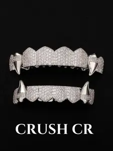 CRUSH CR Iced Out Vampire Fang Teeth Grillz Set, 18K Gold Plated with CZ Stones and Red Accent Fangs, Perfect for Hip Hop Concerts, Halloween Costumes, Club Nights, Edgy Streetwear, Ideal Birthday/Holiday Gift for Hip Hop Fans & Streetwear Enthusiasts