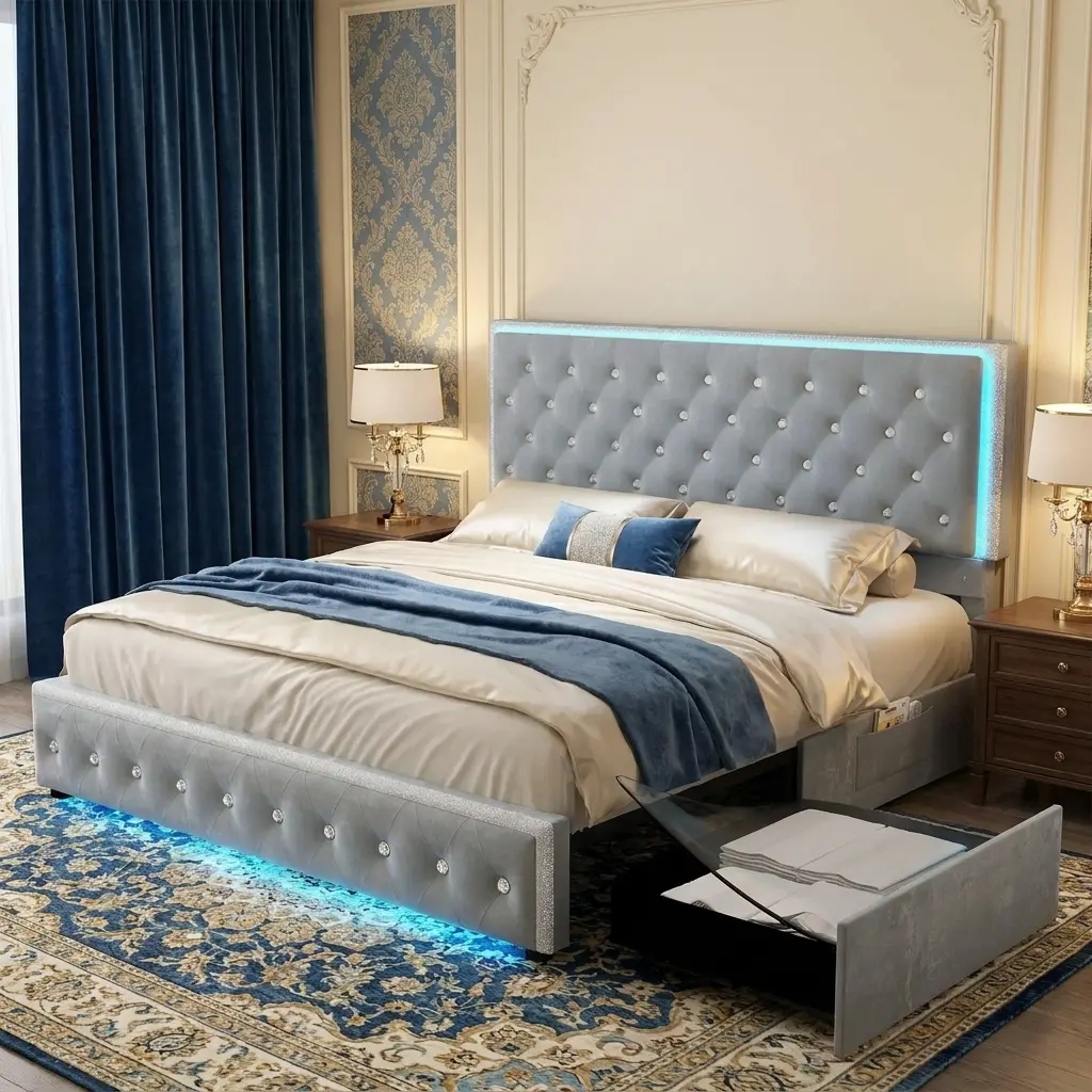 [Summerwins] SIBEDS LED Bed Frame with Storage Drawers, Crystal Button Tufted Upholstered Headboard, Optional Mattress Bundle, Solid Slats Support, Noise-Free, No Box Spring Needed, PU & Velvet Platform Bed