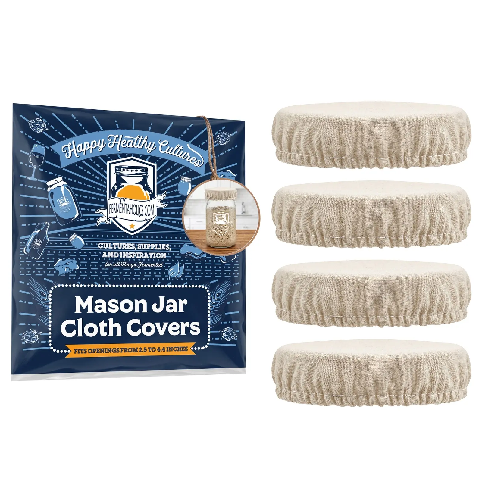 Fermentaholics Breathable Mason Jar Unbleached Muslin Cloth Covers for Fermentation – Reusable Elastic Covers for Sourdough Starter, Kombucha, Kefir & Ginger Bug, Fits 2–3.75 in Openings, 4 Pack