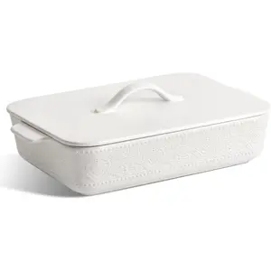 Casserole Dish with Lid, Ceramic 9x13 Casserole Dish for Oven, Rectangular Bakeware, Large Baking Dish with Handles for Holiday Cooking, Roasting, Baking, Oven & Microwave Sa (White)