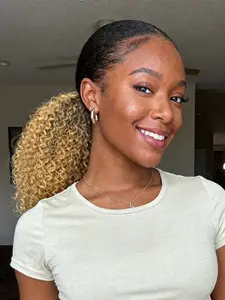 Ombre Blonde Drawstring Ponytail 14 Inch, Lightweight Fluffy Kinky Curly Synthetic Hair for Black Women, Natural Look Easy Install Ponytail for Summer Daily Use