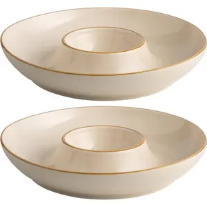 Porcelain Chip and Dip tray, Set of 2,12 inch Ceramic Serving Tray, Divided Serving dip Platter, Porcelain dip bowl, salsa bowl, Microwave and Dishwasher Safe, Dark Cream