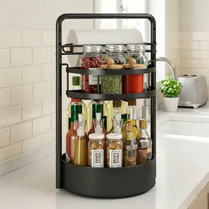 Rotating Kitchen Organizer with Paper Towel Holder, 2 Tier Height Adjustable Spice Rack, 360 Degree Lazy Susan Metal Turntable for Countertop, Pantry, Cabinet, Dining Table, Bathroom Vanity, Office Desk and Small Apartment Storage
