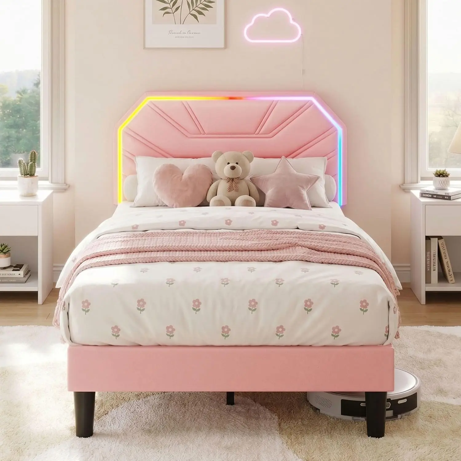 LIKIMIO Smart Bed Frame - Upgraded Modern Upholstered Indoor Furniture with LED-Lit Headboard, Heavy-Duty Supports, No Box Spring Needed, Noise-Free, Self-Assembling (LED Lights Bedroom Ready)
