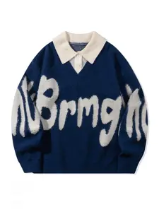 Men's Letter Print 2 in 1 Collar Sweater, Loose Casual Long Sleeve Button Front Jumper for Spring & Fall, Fashion Men's Knitwear for Daily Wear, Pullover