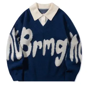 Men's letter printed 2-in-1 collar sweater, loose casual long sleeved button up front jumpsuit for spring and autumn, fashionable men's knitted sweater, pullover sweater