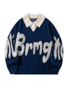 men's letter print 2 in 1 collar sweater, loose casual long sleeve button front jumper for spring & fall, fashion men's knitwear for daily wear, pullover menswear