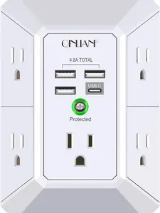 Wall Charger, Surge Protector, 5 Outlet Extender with 4 USB Charging Ports (4.8A Total) 3-Sided 1680J Power Strip Multi Plug Adapter Spaced for Home Travel Office (3U1C)